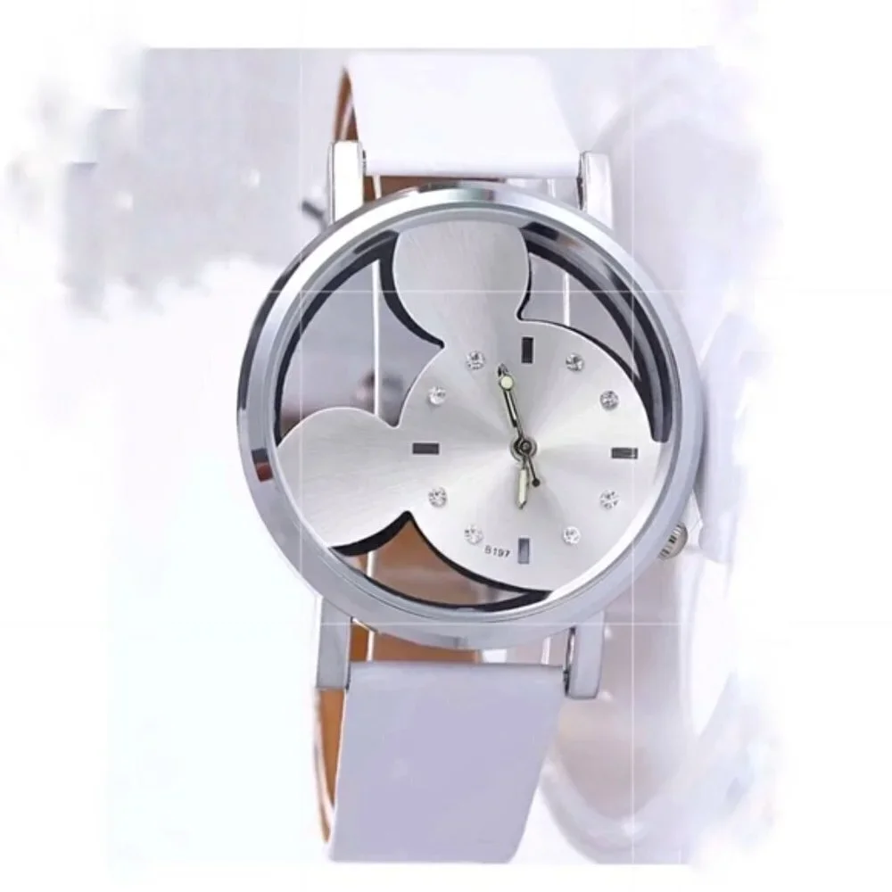 Minnie Mickey Mouse Watch Clear Analog Adjustable Buckle Band Silver White